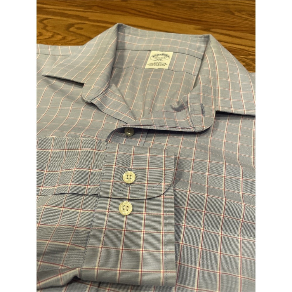 Brooks Brothers Men Button Down Shirt 16.5 32/33 Blue‎ Slim Fit Stretch Plaid